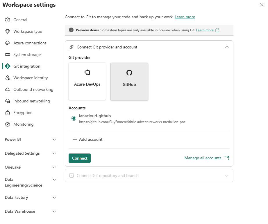 Workspace Settings — lanacloud-github account added, Connect button active